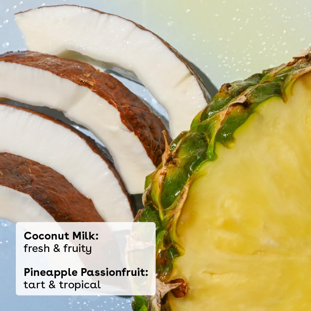 Close-up of a halved pineapple and coconut with text describing flavors.