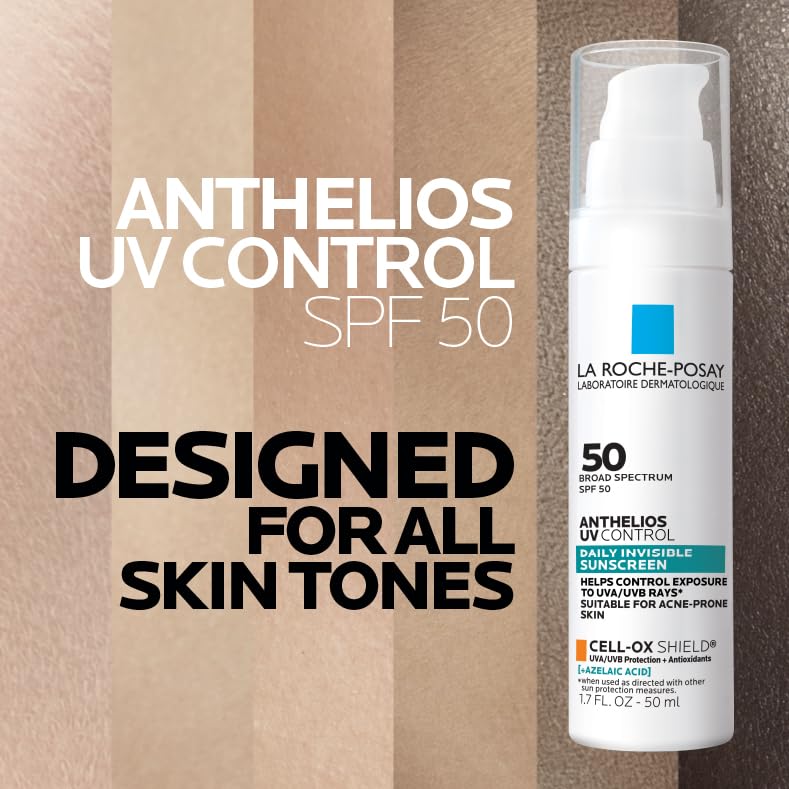 La Roche-Posay Anthelios UV Control SPF 50 sunscreen bottle with text on a brown background