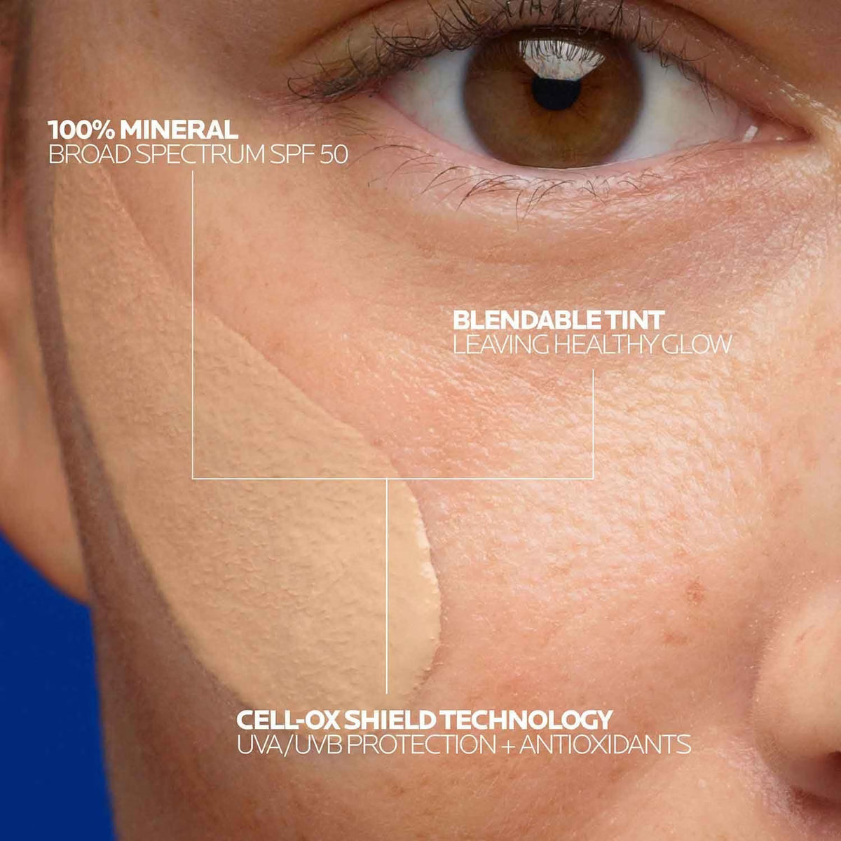 Close-up of a person's eye with cosmetic product application, featuring text about SPF 50 and blendable tint.