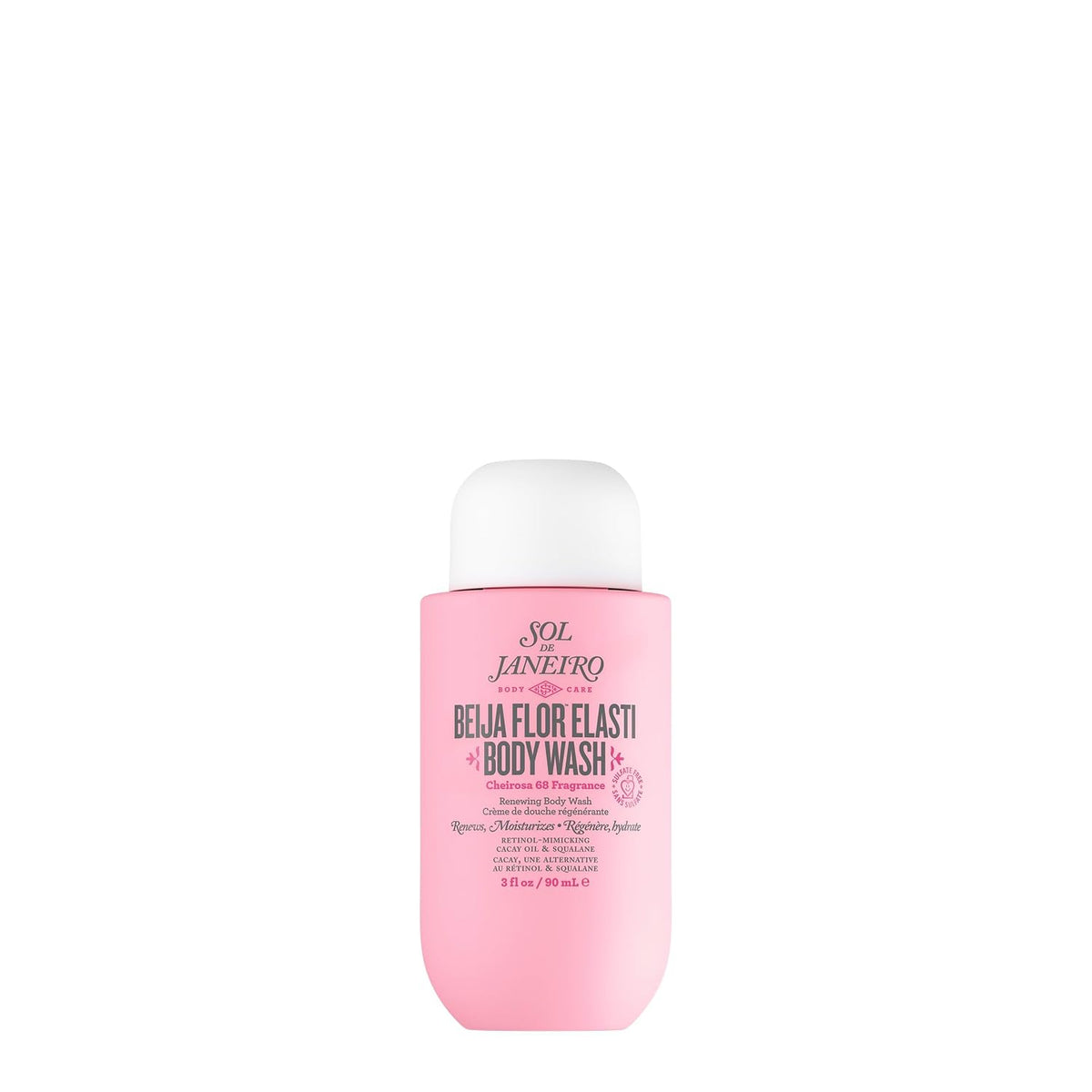 A pink bottle of Sol Janefro Beija Flor Elasti Body Wash with a white cap, centered on a plain white background.