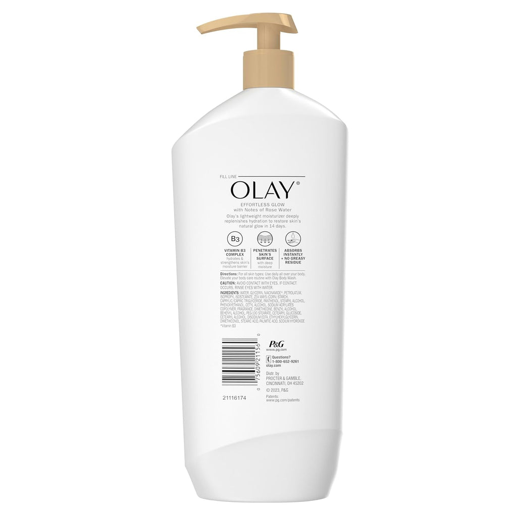 A white bottle of Olay Ultra Rich Moisture Body Wash with a beige pump dispenser, shown from the back on a white background.