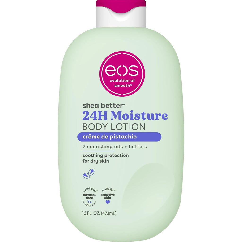 EOS shea butter 24H moisture body lotion bottle on a white background