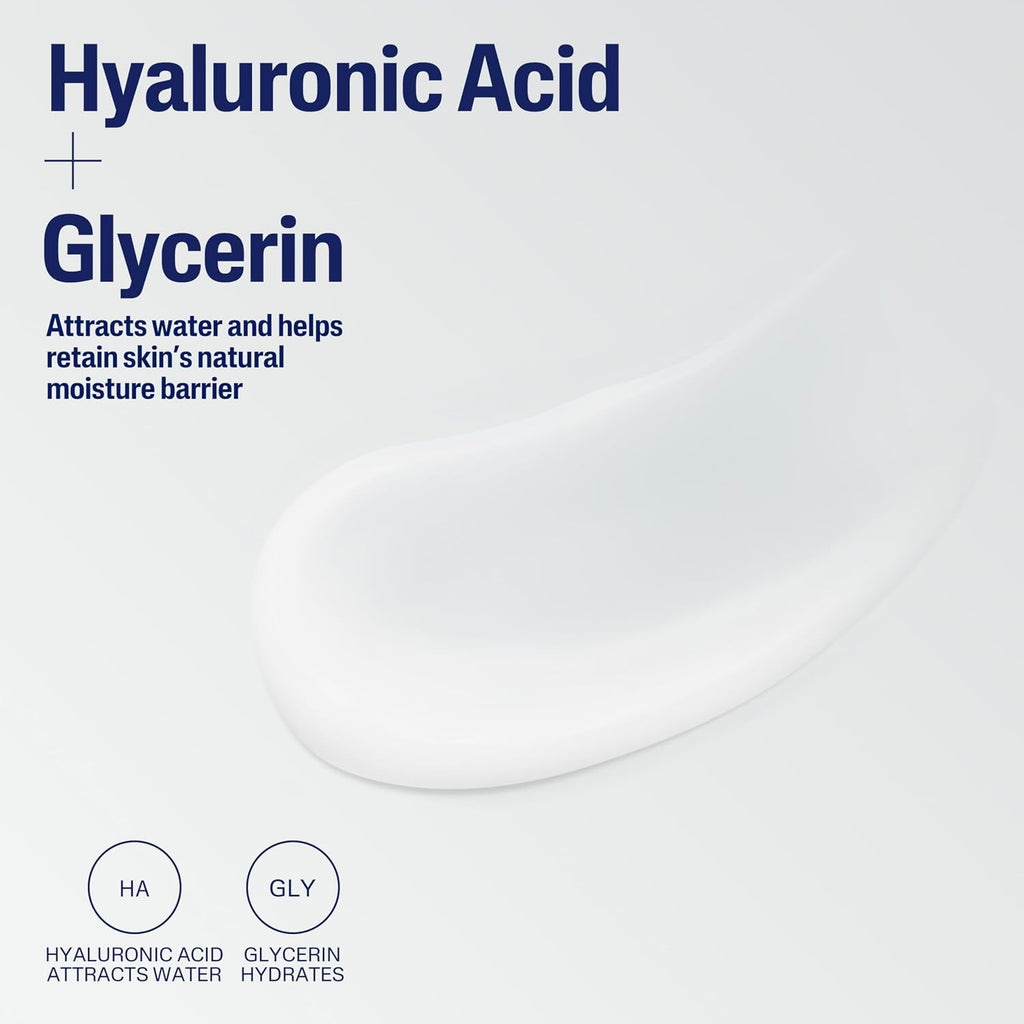 A white cosmetic smear on a light gray background with text reading 'Hyaluronic Acid + Glycerin' and smaller descriptive copy about attracting water and supporting the skin's moisture barrier.