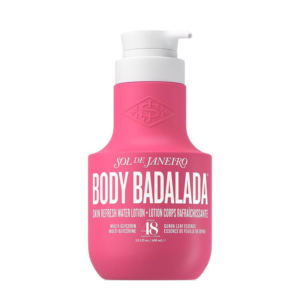 A pink bottle of Sol de Janeiro Body Badalada skin refresh water lotion with a white pump dispenser, shown against a plain white background.