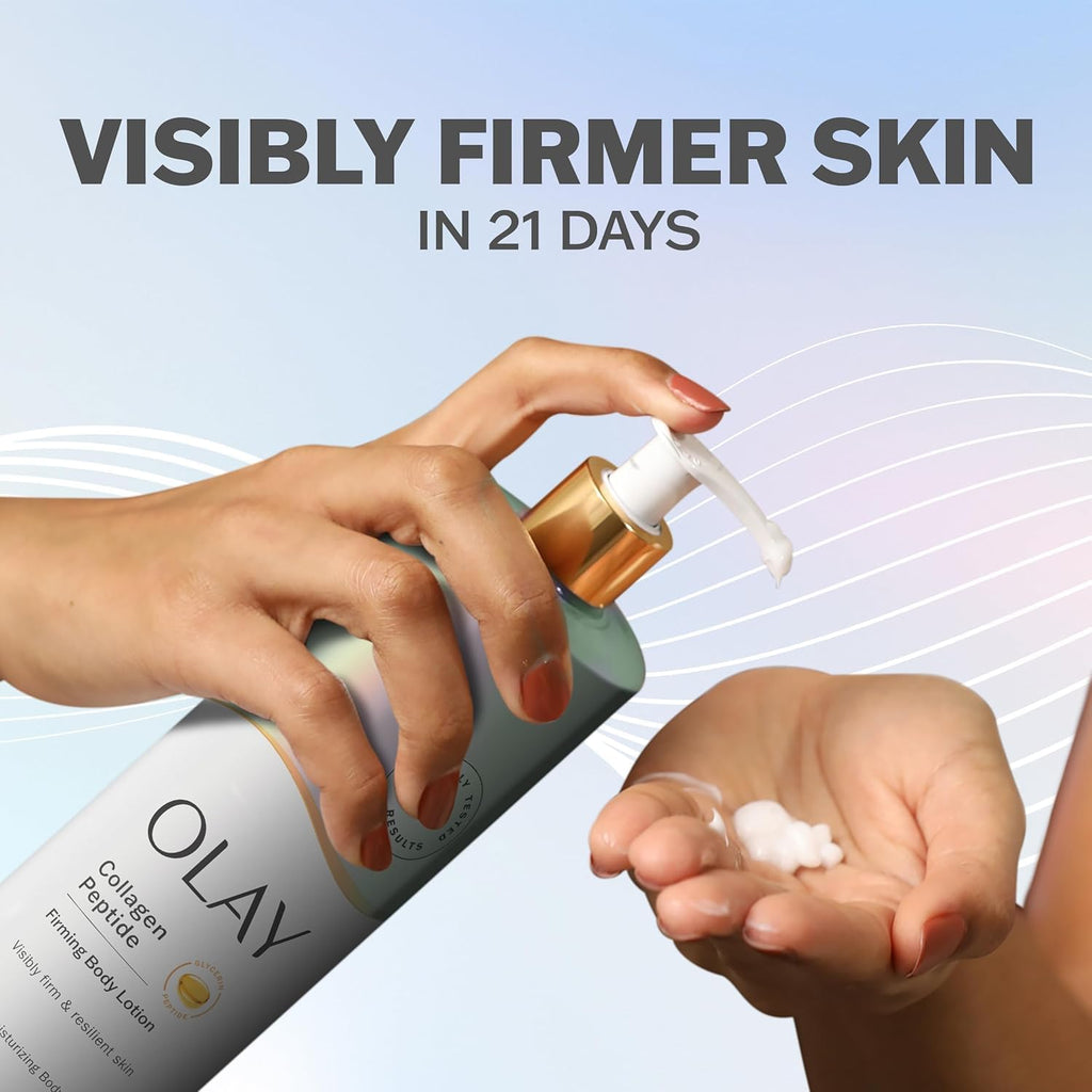 OLAY body lotion being applied with text about visibly firmer skin in 21 days on a light blue background