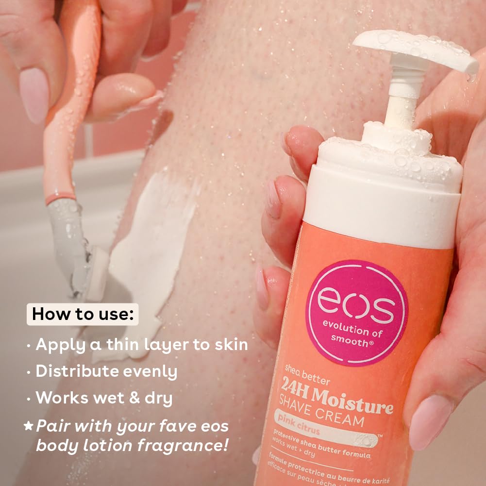 Person applying eos shave cream to skin with product in hand