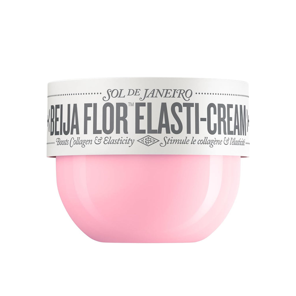 Pink jar of Sol de Janeiro Beléu Flor Elasti-Cream on a white background