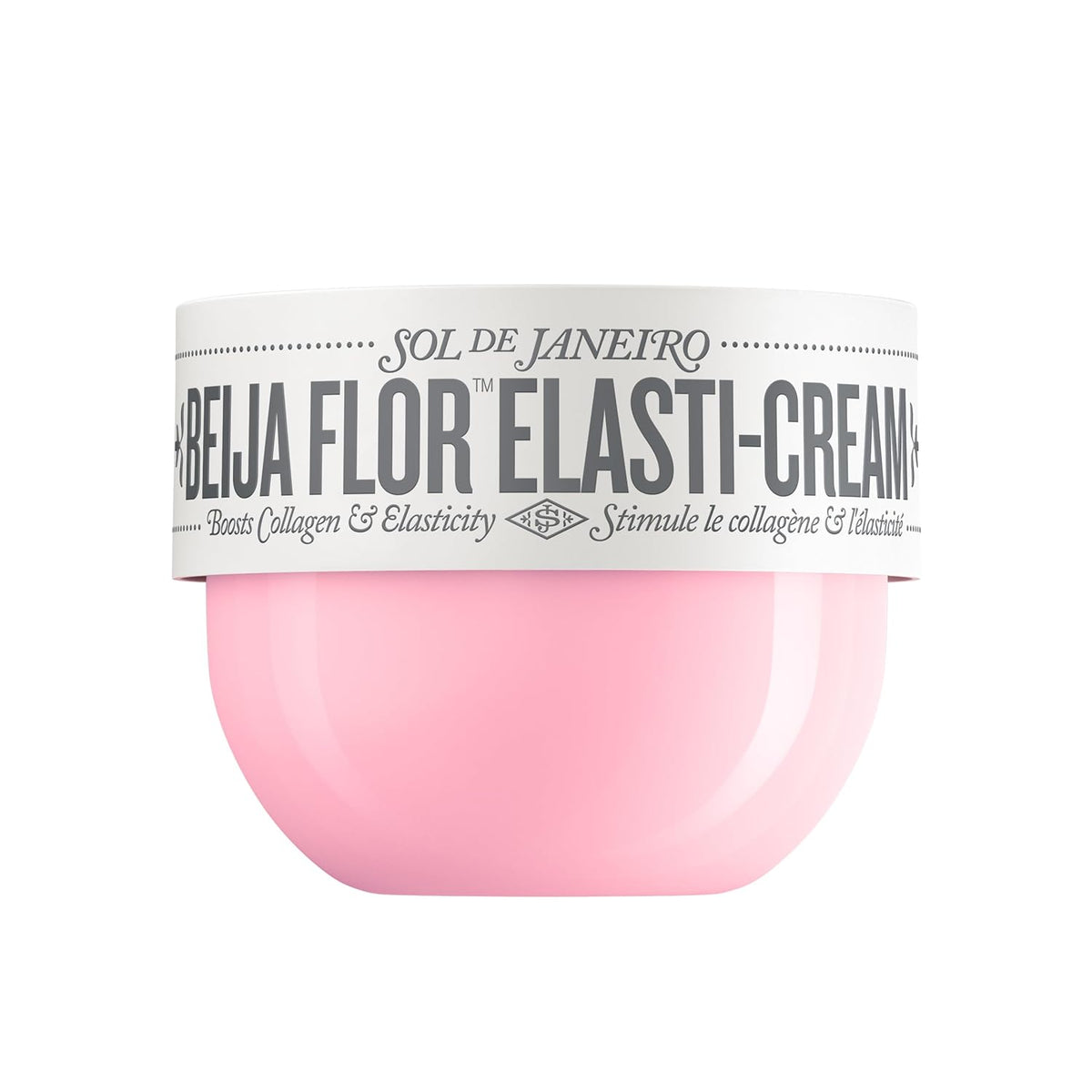 Pink jar of Sol de Janeiro Beléu Flor Elasti-Cream on a white background