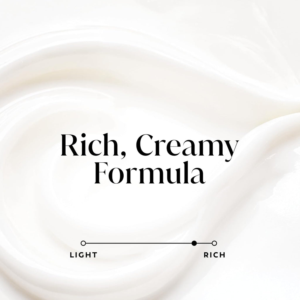 A close-up of a creamy white cosmetic or food-like texture with the text 'Rich, Creamy Formula' centered over it, plus a small line graphic labeled LIGHT to RICH.