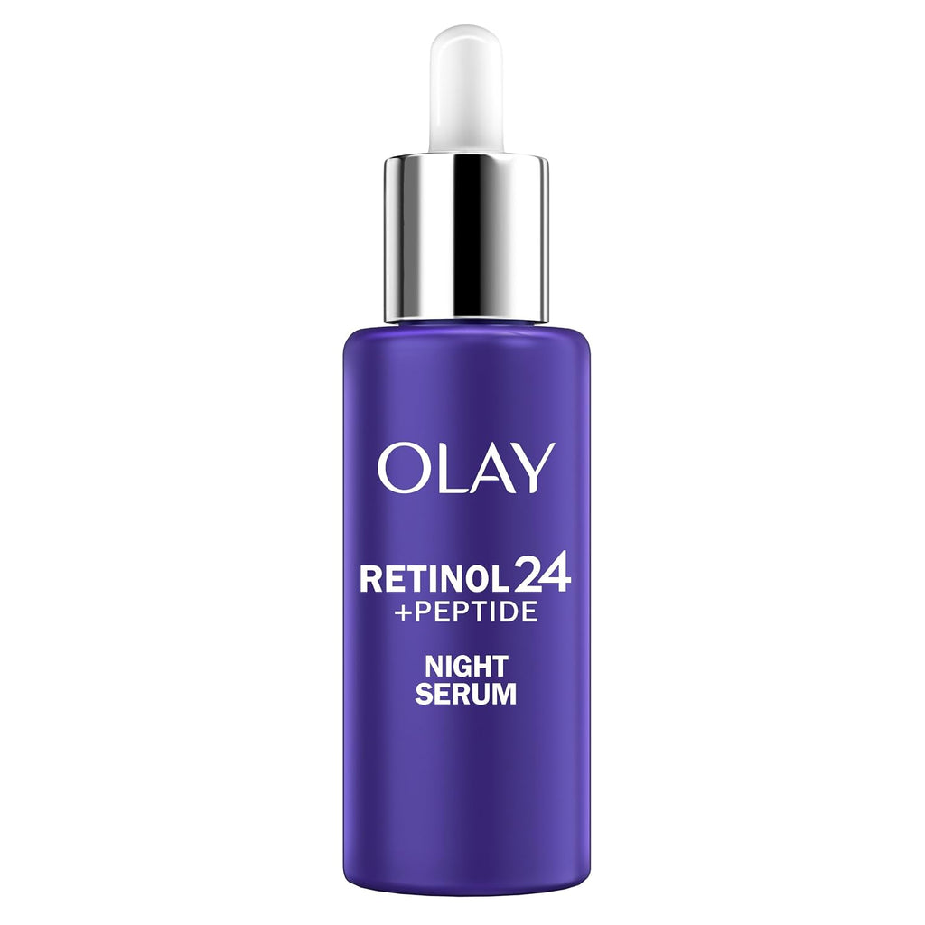 Olay Retinol 24 + Peptide night serum bottle on a white background