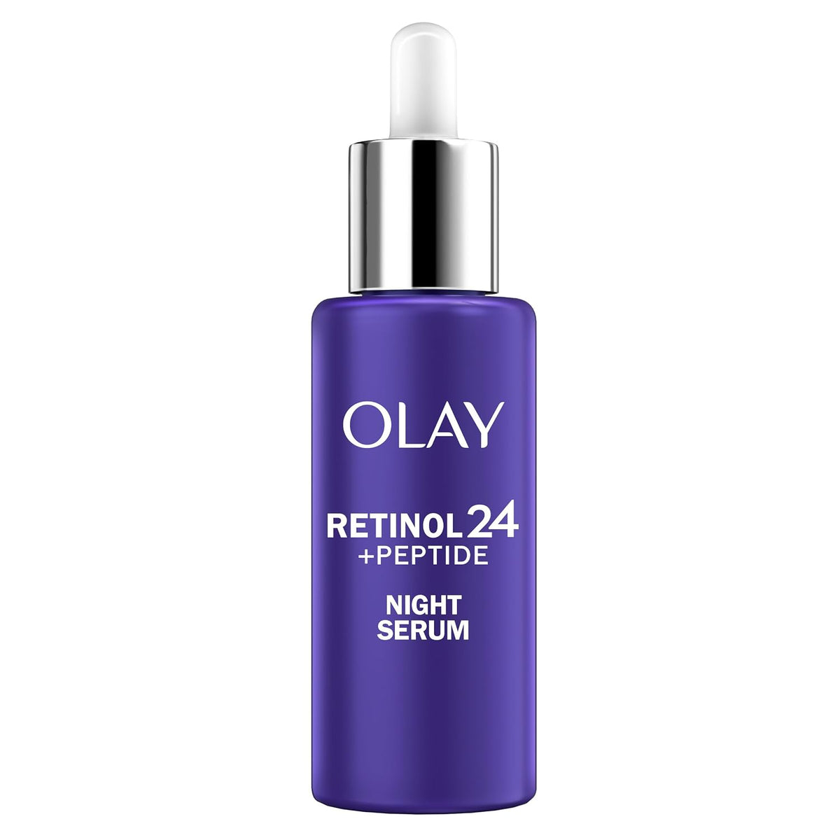 Olay Retinol 24 + Peptide night serum bottle on a white background