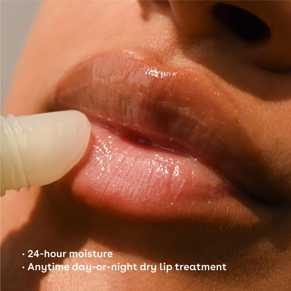 Lip balm being applied to lips with text about 24-hour moisture and dry lip treatment.