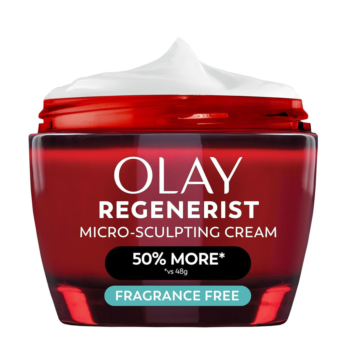Olay Regenerist Micro-Sculpting Cream in a dark red jar with a white cream scoop on top, featuring white and black text on the front.
