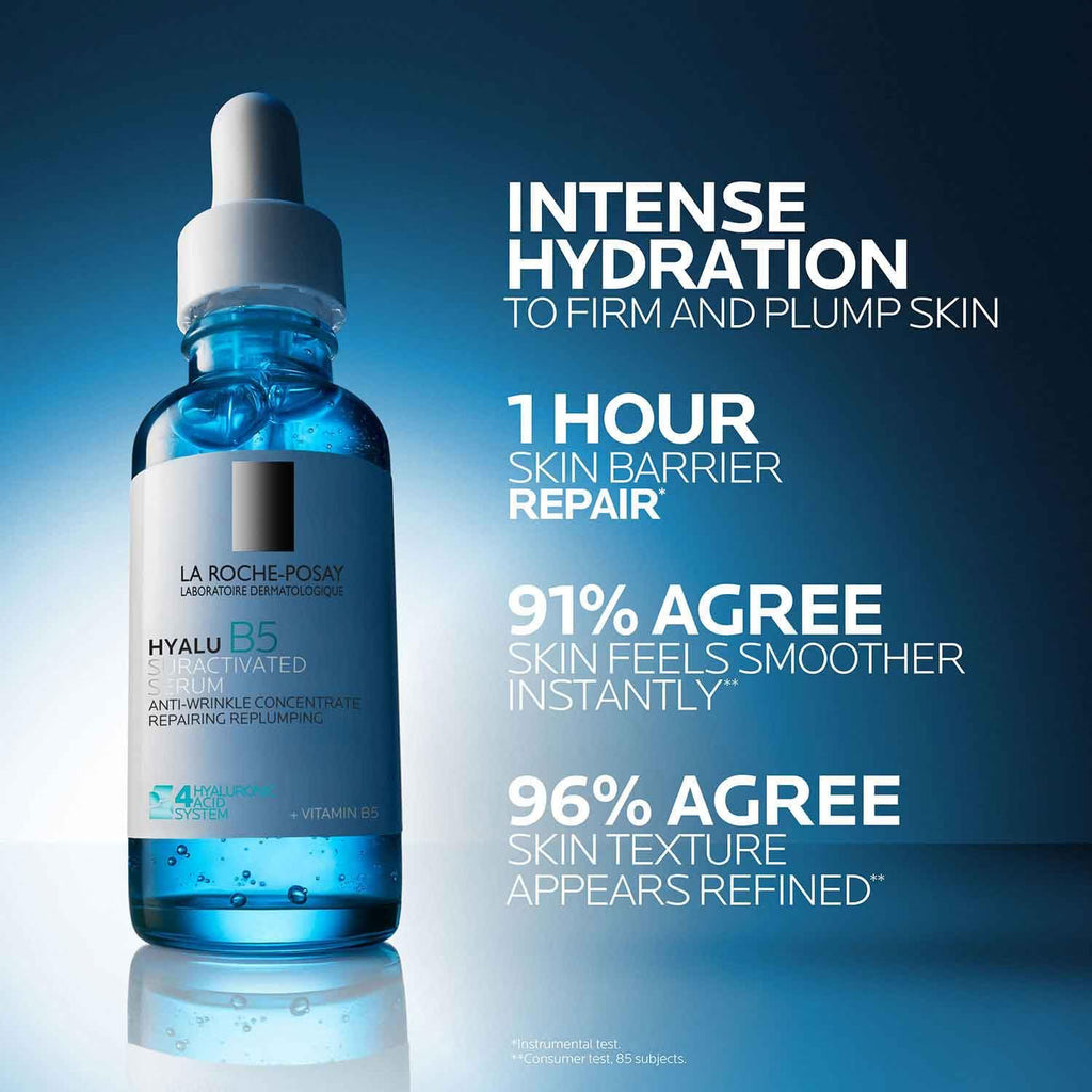 Skincare serum bottle with text highlighting hydration and skin benefits on a blue gradient background