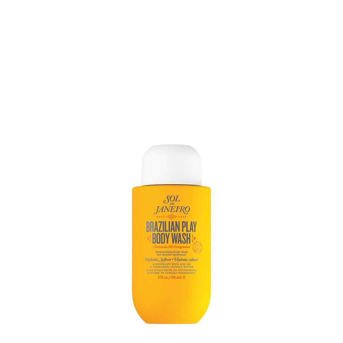 Yellow bottle of Sol de Janeiro Brazilian Play Body Wash on a white background
