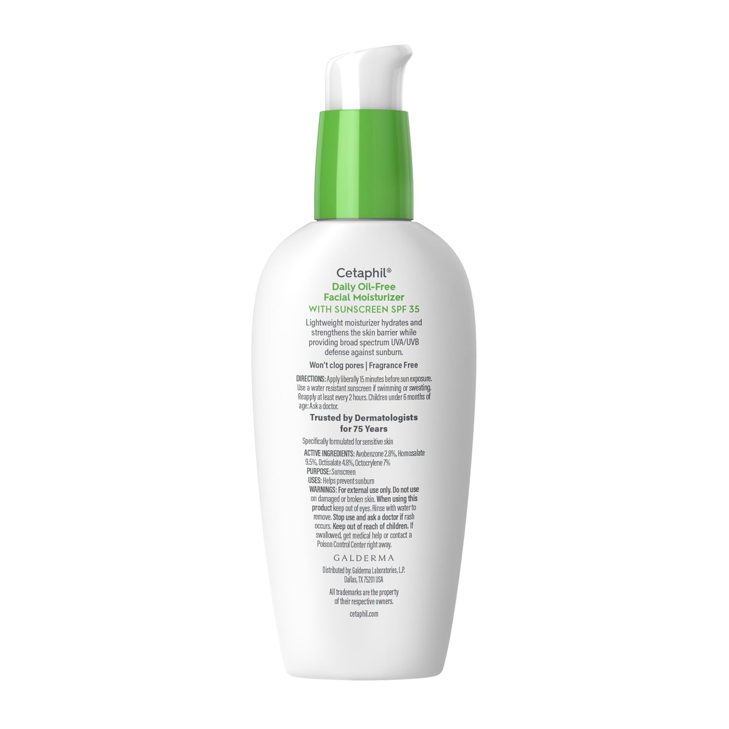 Cetaphil bottle with green cap on a white background