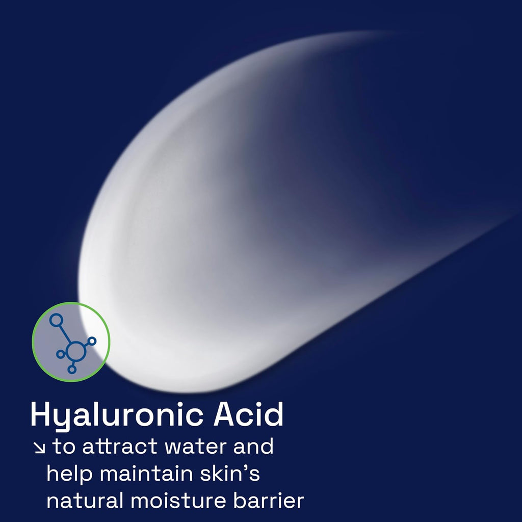 Close-up of a droplet with text about hyaluronic acid on a dark blue background