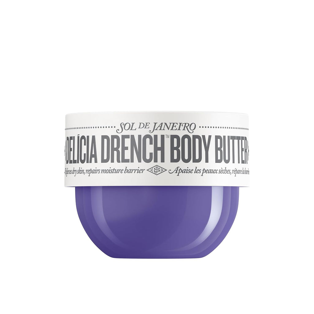 Purple body butter container with white label on a white background