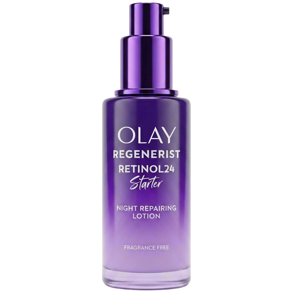 Olay Regenerist Retinol24 Starter Night Repairing Lotion in a purple pump bottle with a metallic purple cap, shown on a plain white background.