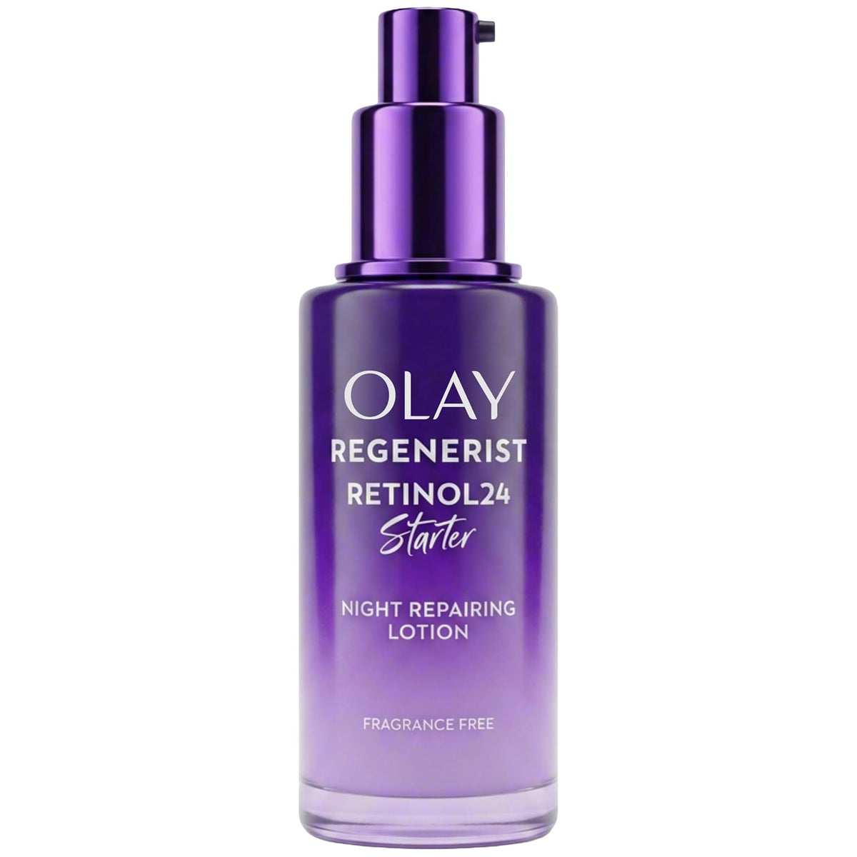 Olay Regenerist Retinol24 Starter Night Repairing Lotion in a purple pump bottle with a metallic purple cap, shown on a plain white background.