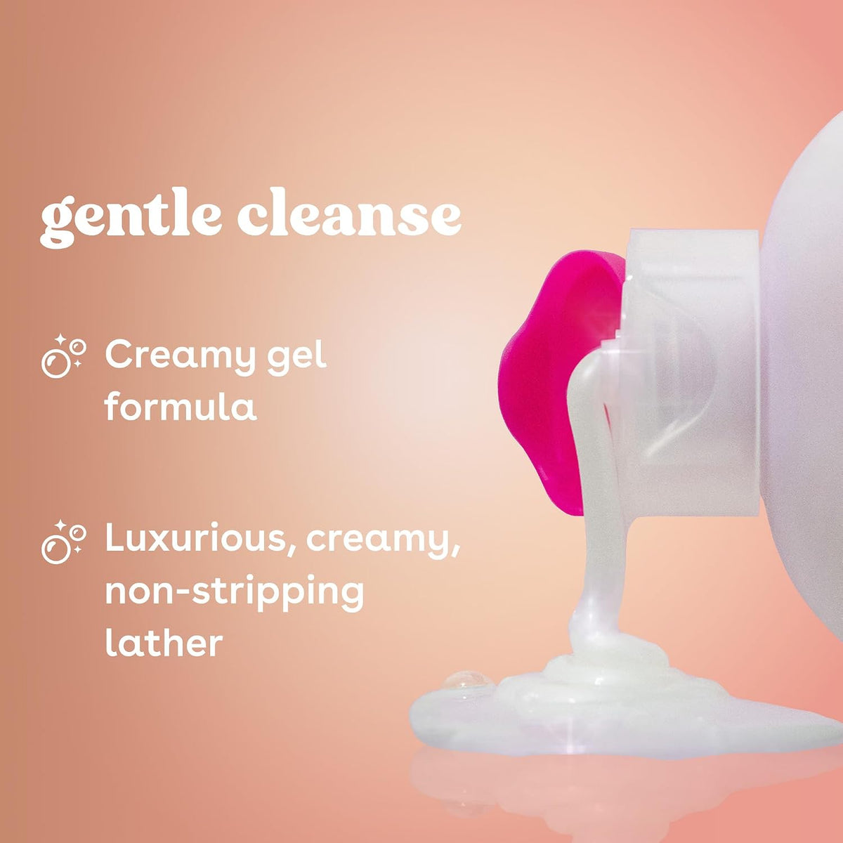 Product with text describing a creamy gel formula and luxurious lather on a peach background