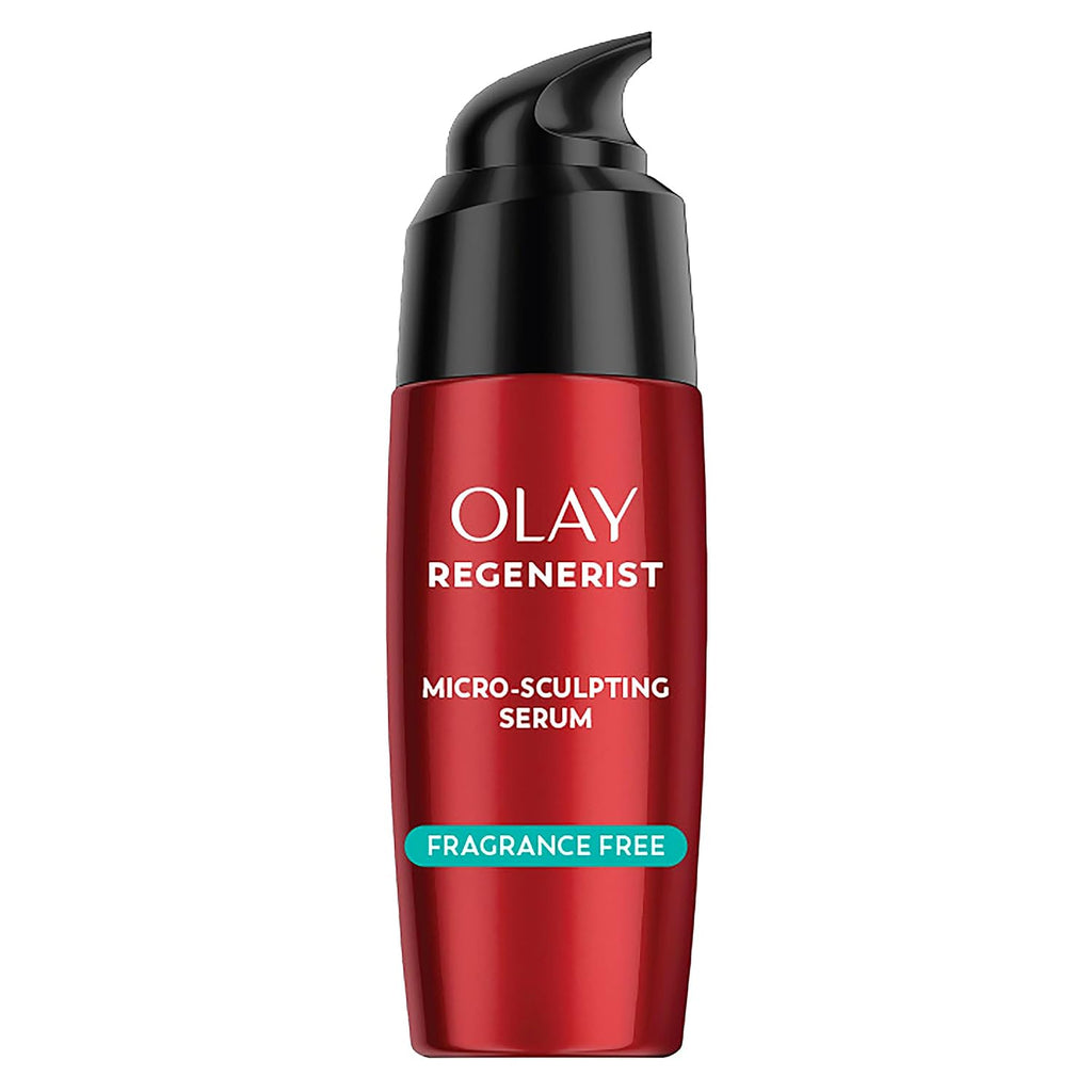 Olay Regenerist Micro-Sculpting Serum in a red bottle with a black pump dispenser, featuring a teal 'Fragrance Free' label on a white background.