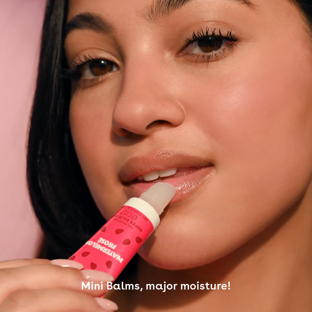 Person applying a pink lip balm with text 'Mini Balms, major moisture!' on a pink background