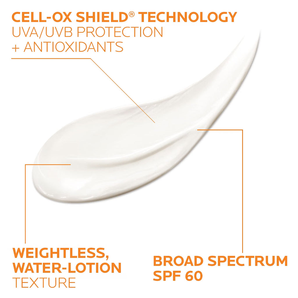 White lotion with text highlighting Cell-OX Shield technology, UVA/UVB protection, antioxidants, weightless texture, water-lotion consistency, broad spectrum SPF 60, on a light background.