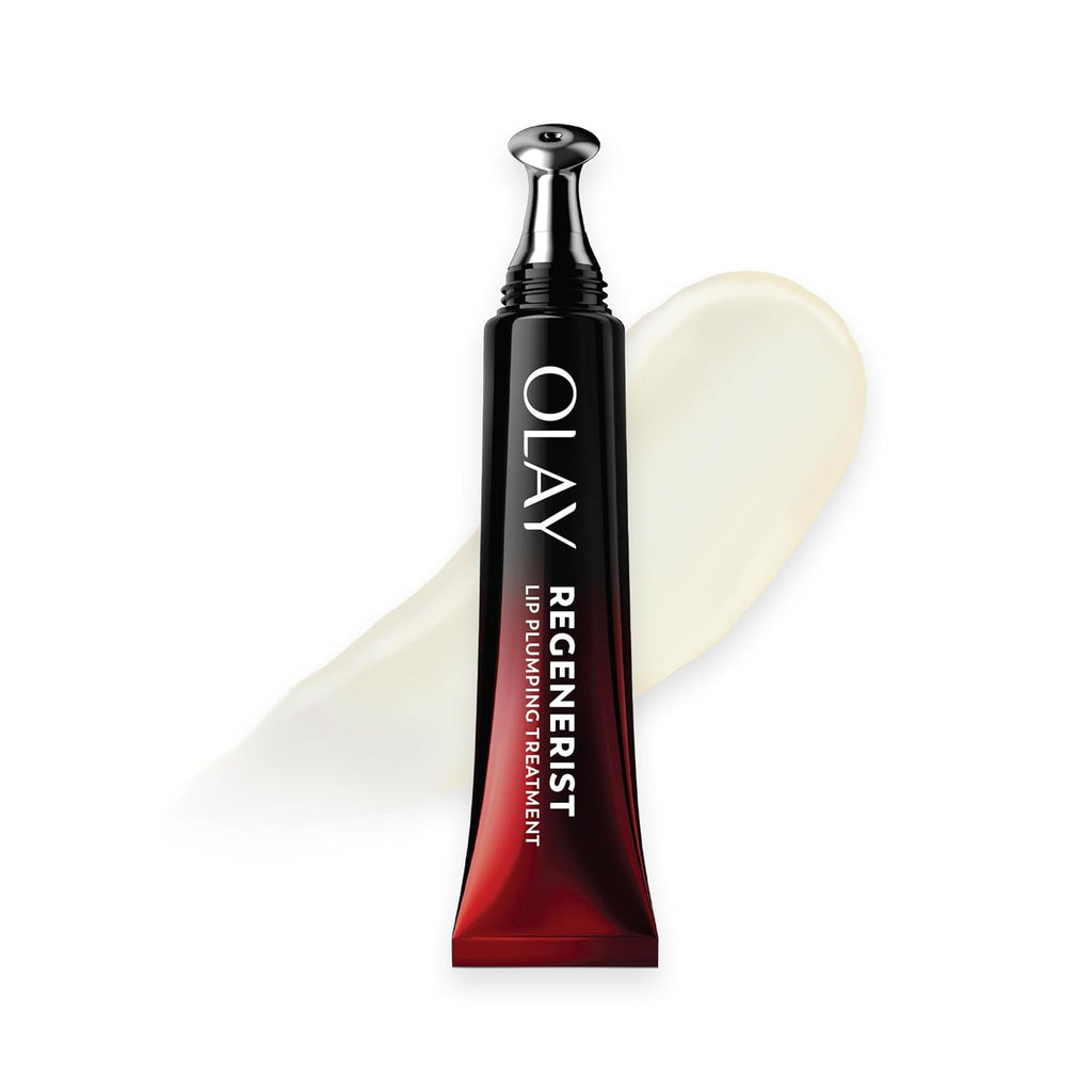 Olay Recenerist Lip Plumping Treatment in a black squeeze tube with a red gradient base, shown with a cream-colored product smear behind it on a white background.