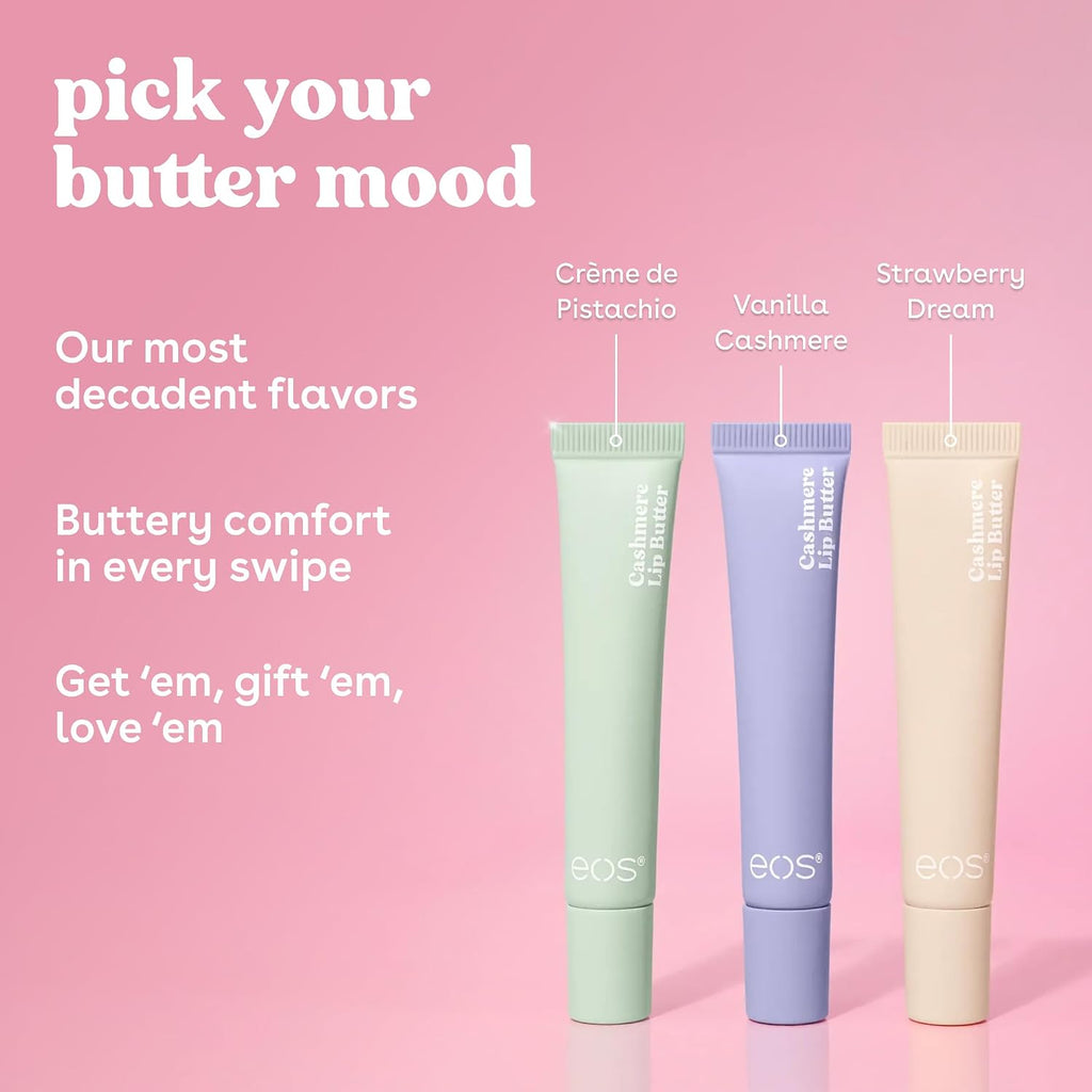 Three EOS lip balm tubes on a pink background with promotional text. The tubes are labeled Crème de Pistachio in mint green, Vanilla Cashmere in lavender, and Strawberry Dream in beige.