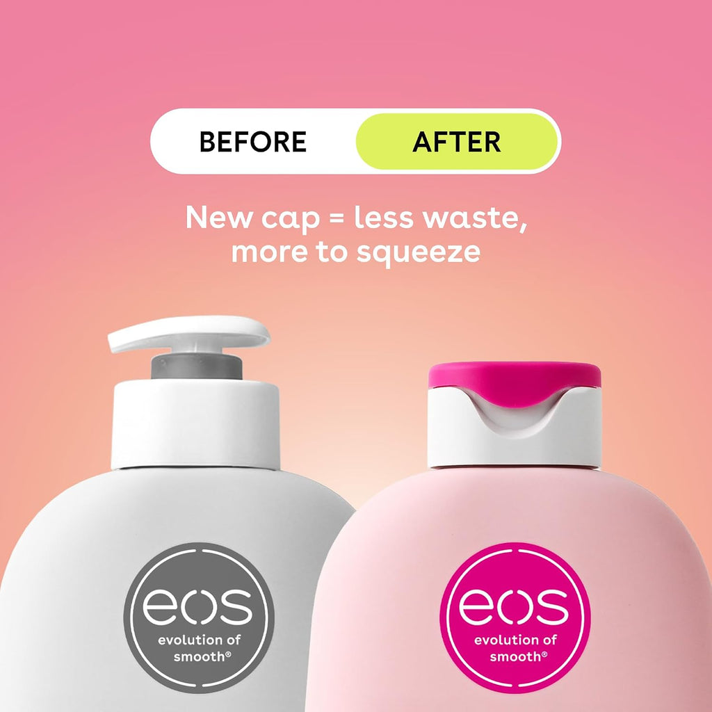 Two EOS bottles with a 'Before' and 'After' comparison on a pink gradient background.