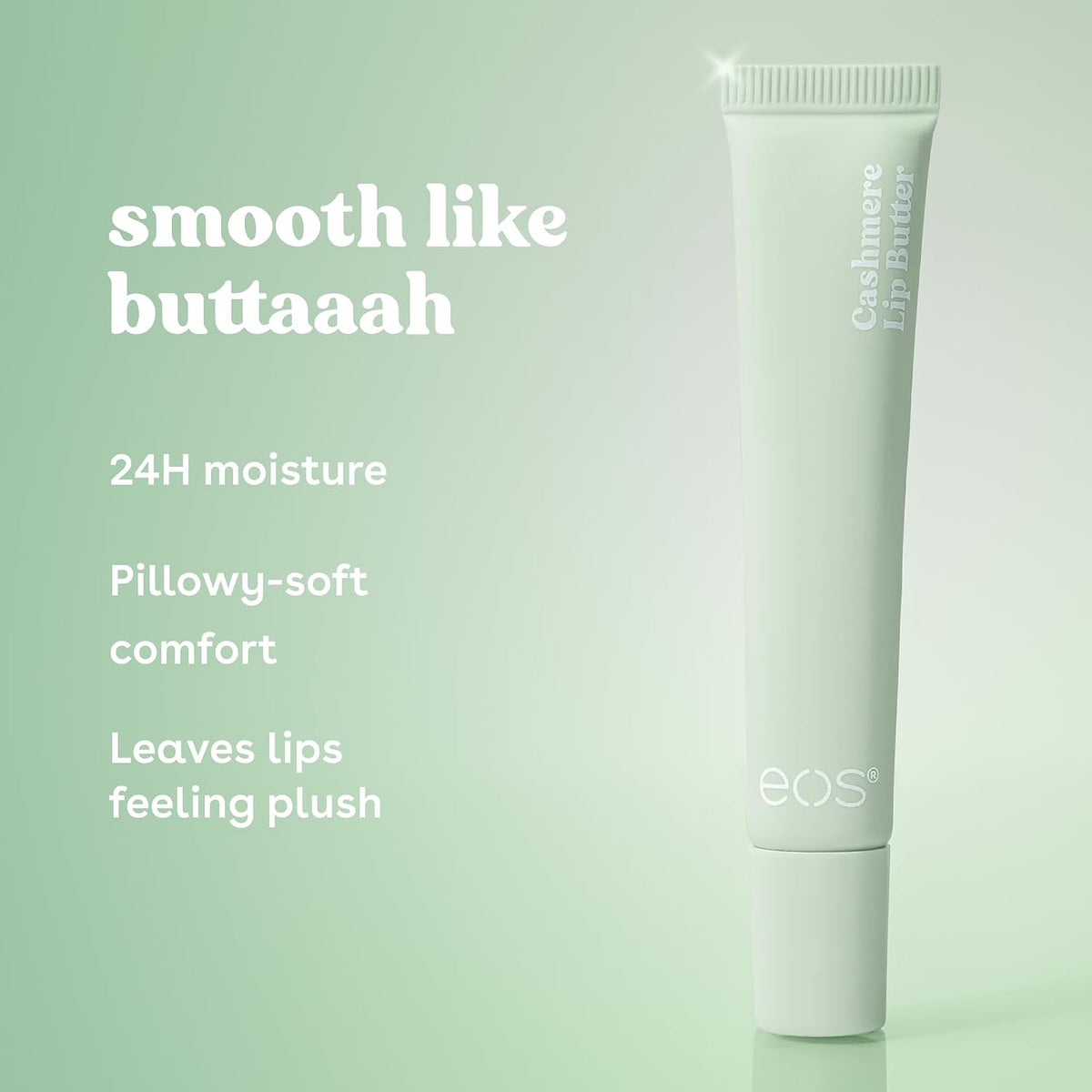 EOS Cashmere Lip Butter in a pale mint green squeeze tube, shown on a matching light green background with white text describing the product benefits.