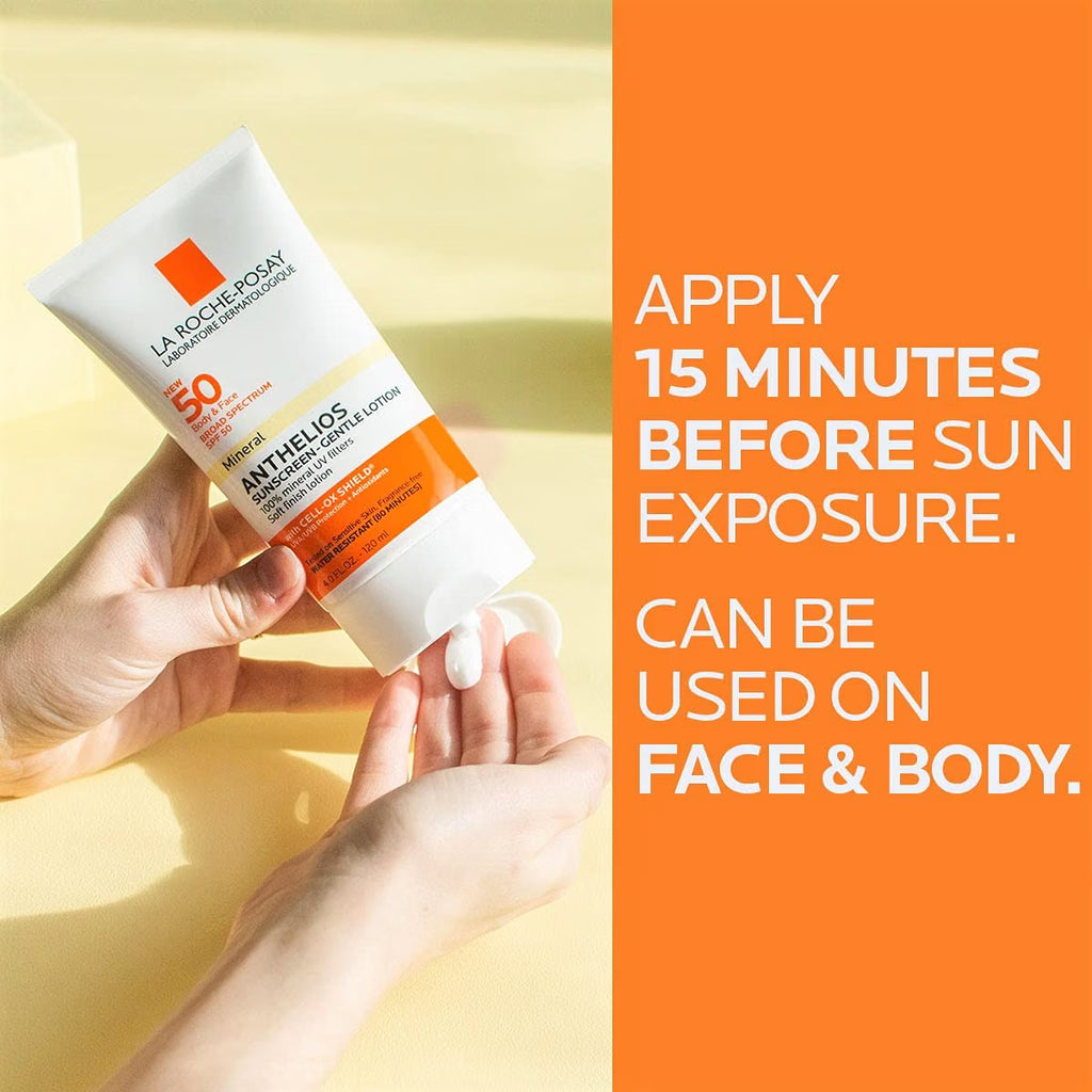 La Roche-Posay sunscreen tube with application instructions on an orange background