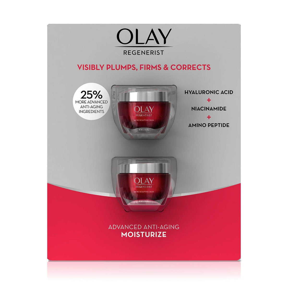 Olay Regenerist skincare product packaging with two jars on a gray and red background.