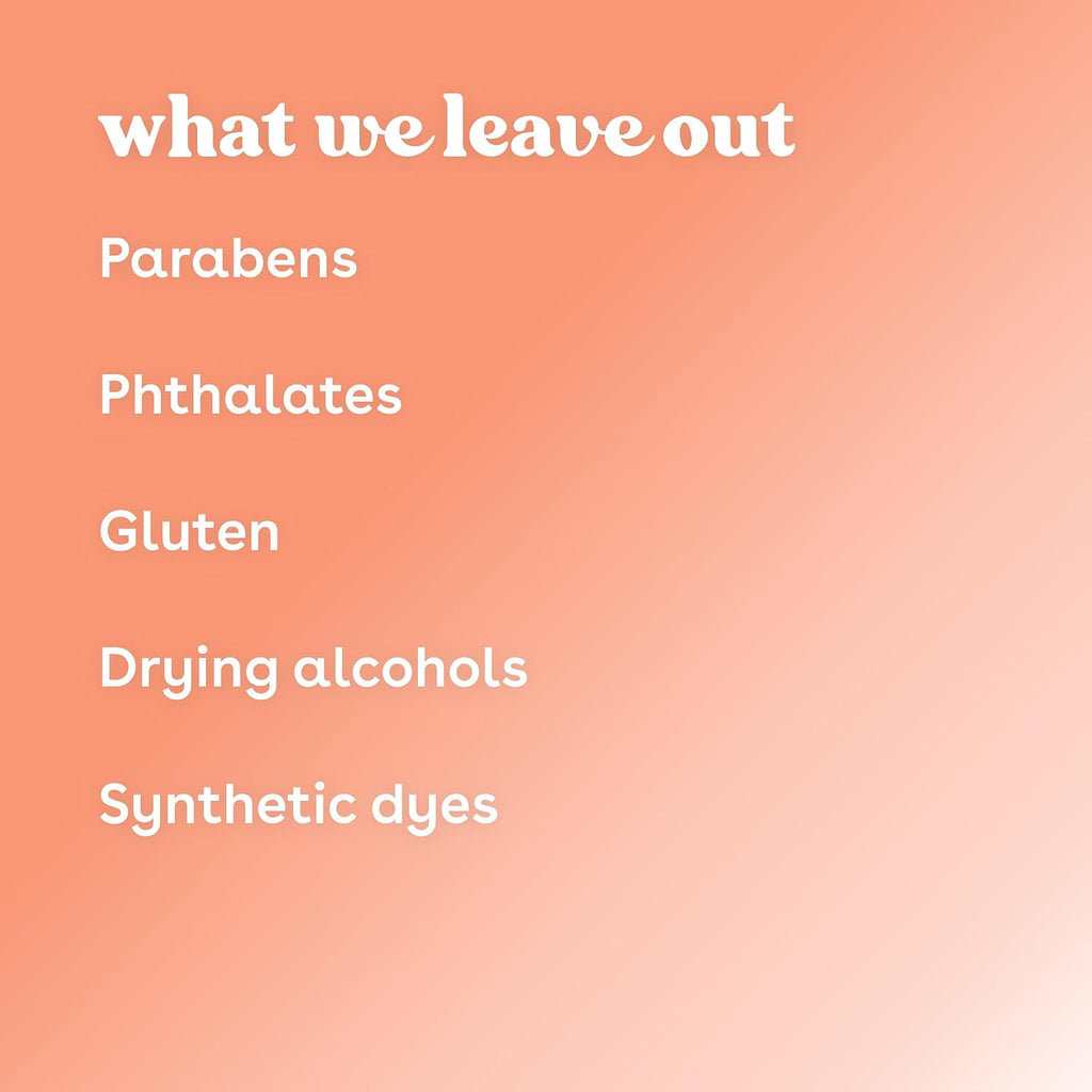 A peach-to-pink gradient graphic with white text reading 'what we leave out' followed by a list: Parabens, Phthalates, Gluten, Drying alcohols, Synthetic dyes.