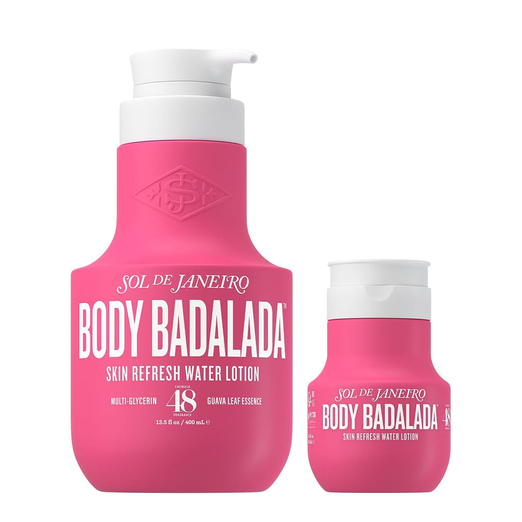 Sol de Janeiro Body Badalada Skin Refresh Water Lotion shown in two containers: a larger pump bottle and a smaller jar, both in bright pink with white caps and white text, on a plain white background.