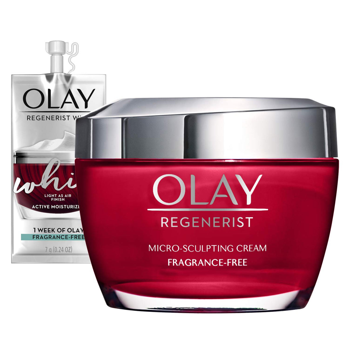 Olay Regenerist micro-sculpting cream jar with a smaller packaging unit on a white background