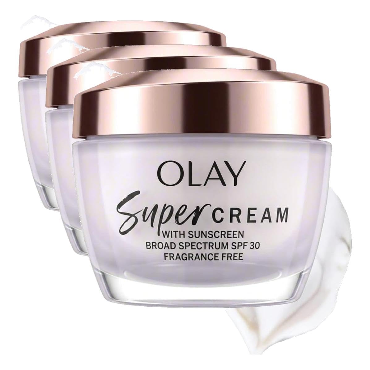 Three jars of Olay Super Cream with sunscreen SPF 30, arranged in a staggered row on a white background with a dollop of cream in the foreground.