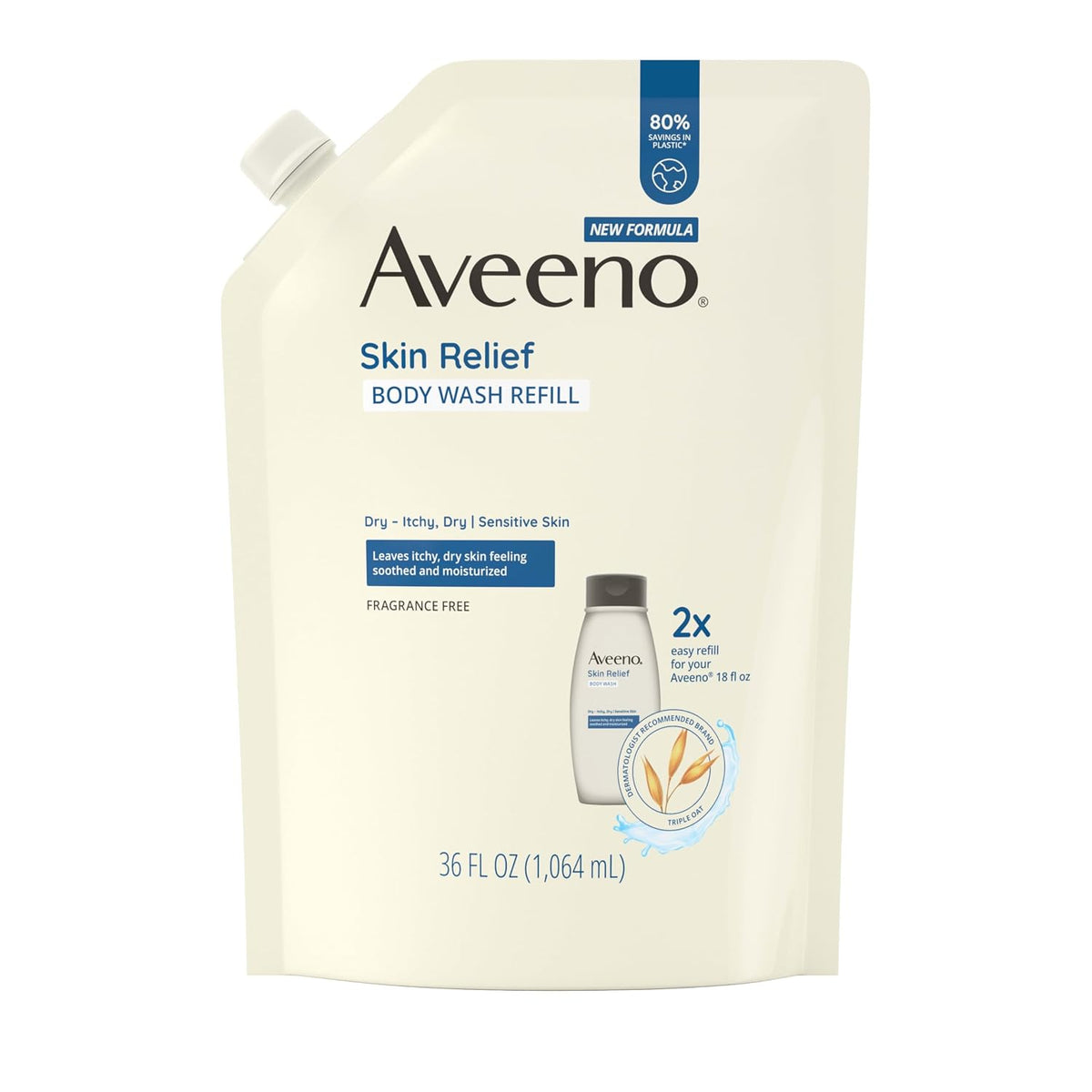 Aveeno Skin Relief Body Wash Refill pouch, 36 FL OZ (1.064 mL), on a solid white background.