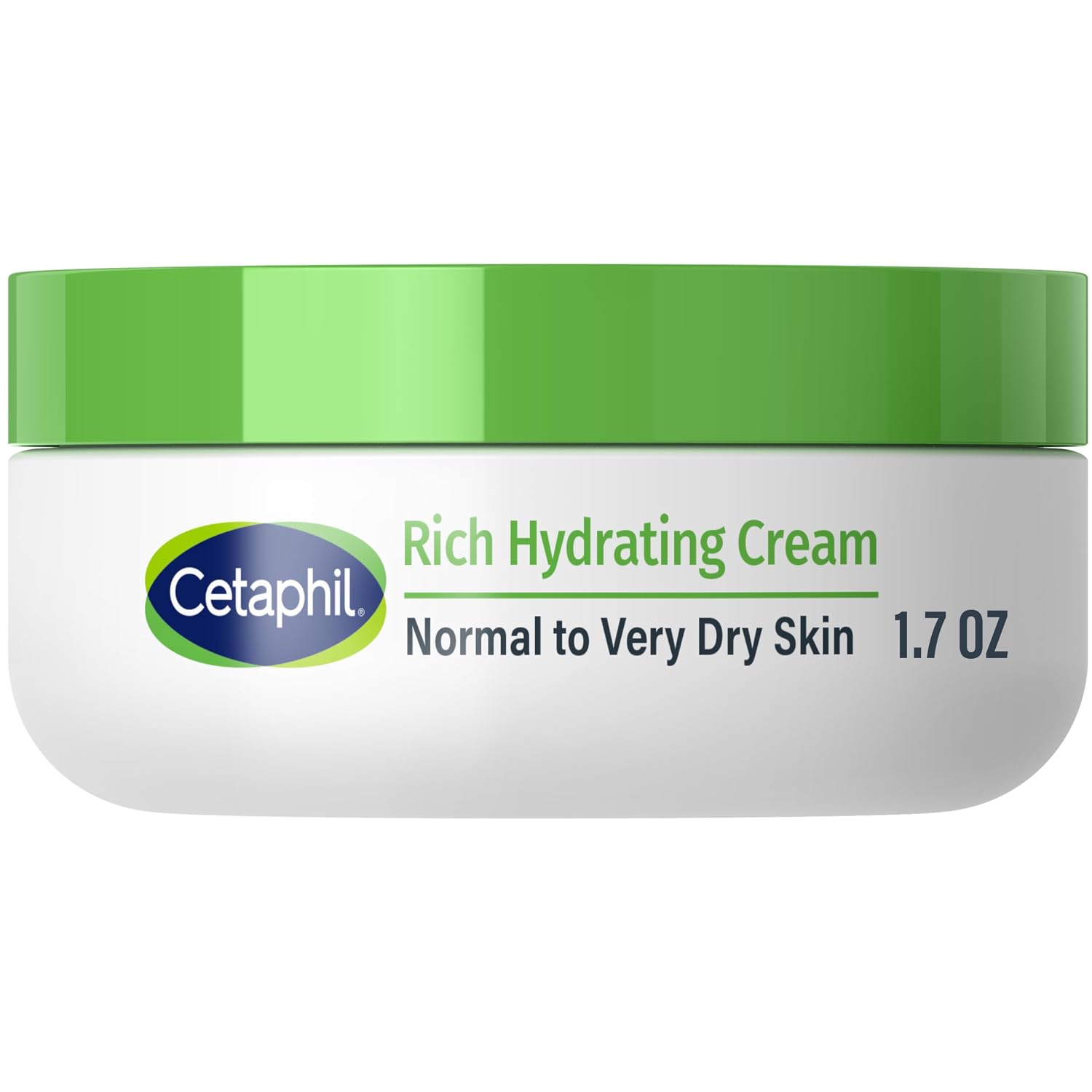 Cetaphil Rich Hydrating Cream jar with green lid on a white background