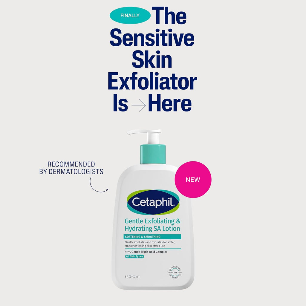 Cetaphil Gentle Exfoliating & Hydrating SA Lotion bottle with promotional text on a light gray background