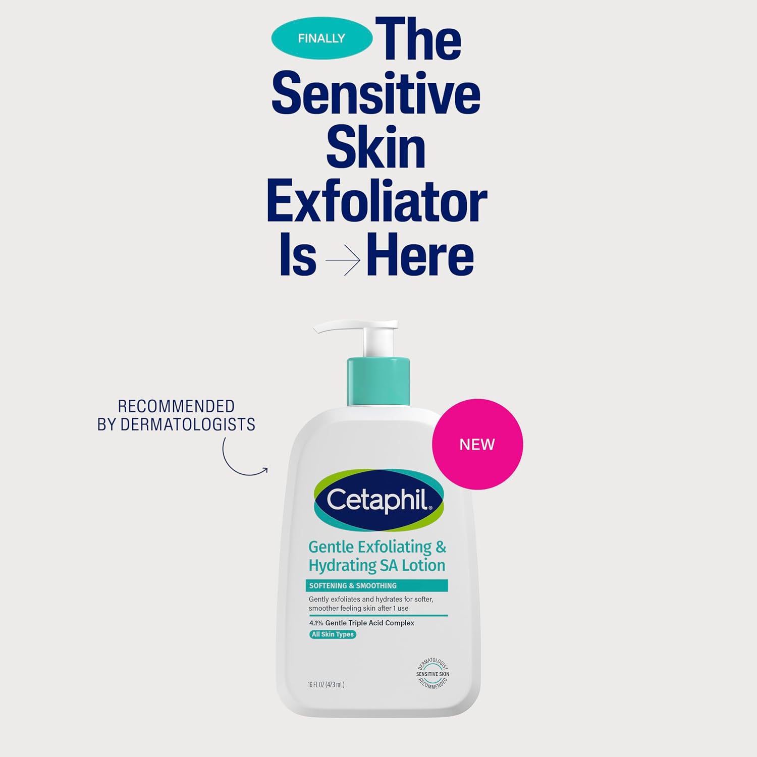 Cetaphil Gentle Exfoliating & Hydrating SA Lotion bottle with promotional text on a light gray background