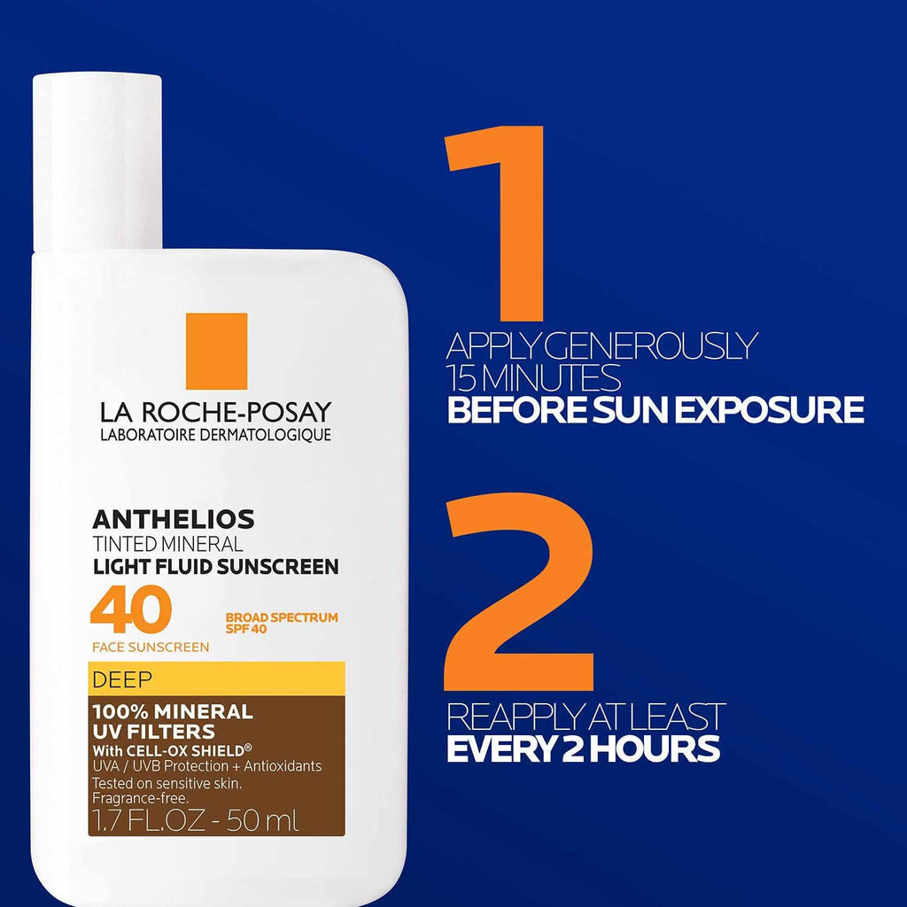 La Roche-Posay sunscreen bottle with application instructions on a blue background