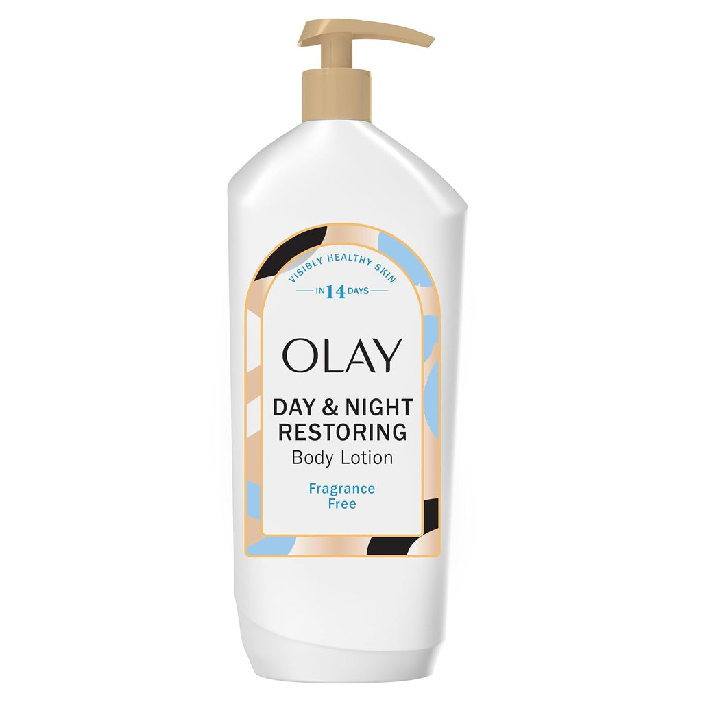 Olay Day & Night Restoring Body Lotion in a white pump bottle with a beige pump and a decorative label featuring blue, beige, and black accents.