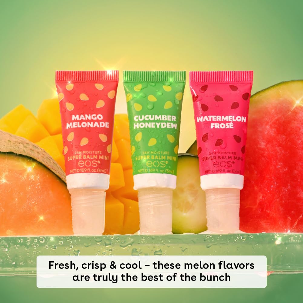 Three tubes of ecos Super Balm Mini lip balm in Mango Melonade, Cucumber Honeyden, and Watermelon Frose flavors, displayed against a green and yellow gradient background with watermelon and mango slices.