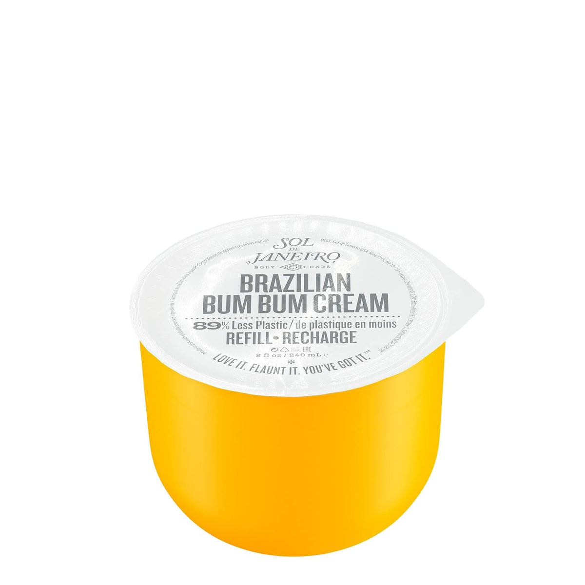 Yellow container of Sol de Janeiro Brazilian Bum Bum Cream on a white background