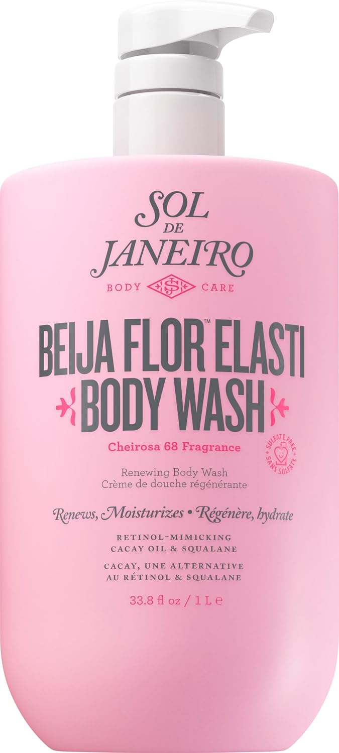 Pink bottle of Sol de Janeiro Bela Flor Elastica Body Wash with pump.