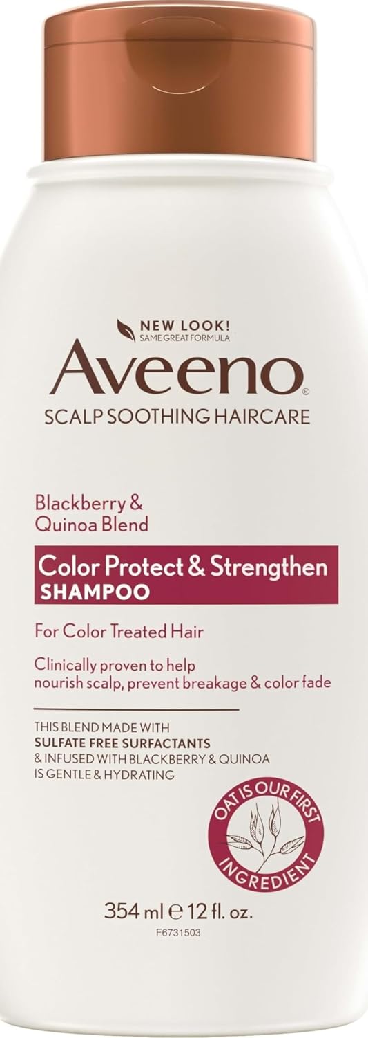 Aveeno Scalp Soothing Haircare Color Protect & Strengthen Shampoo in a white bottle with a copper-colored cap, featuring a blackberry and quinoa blend.