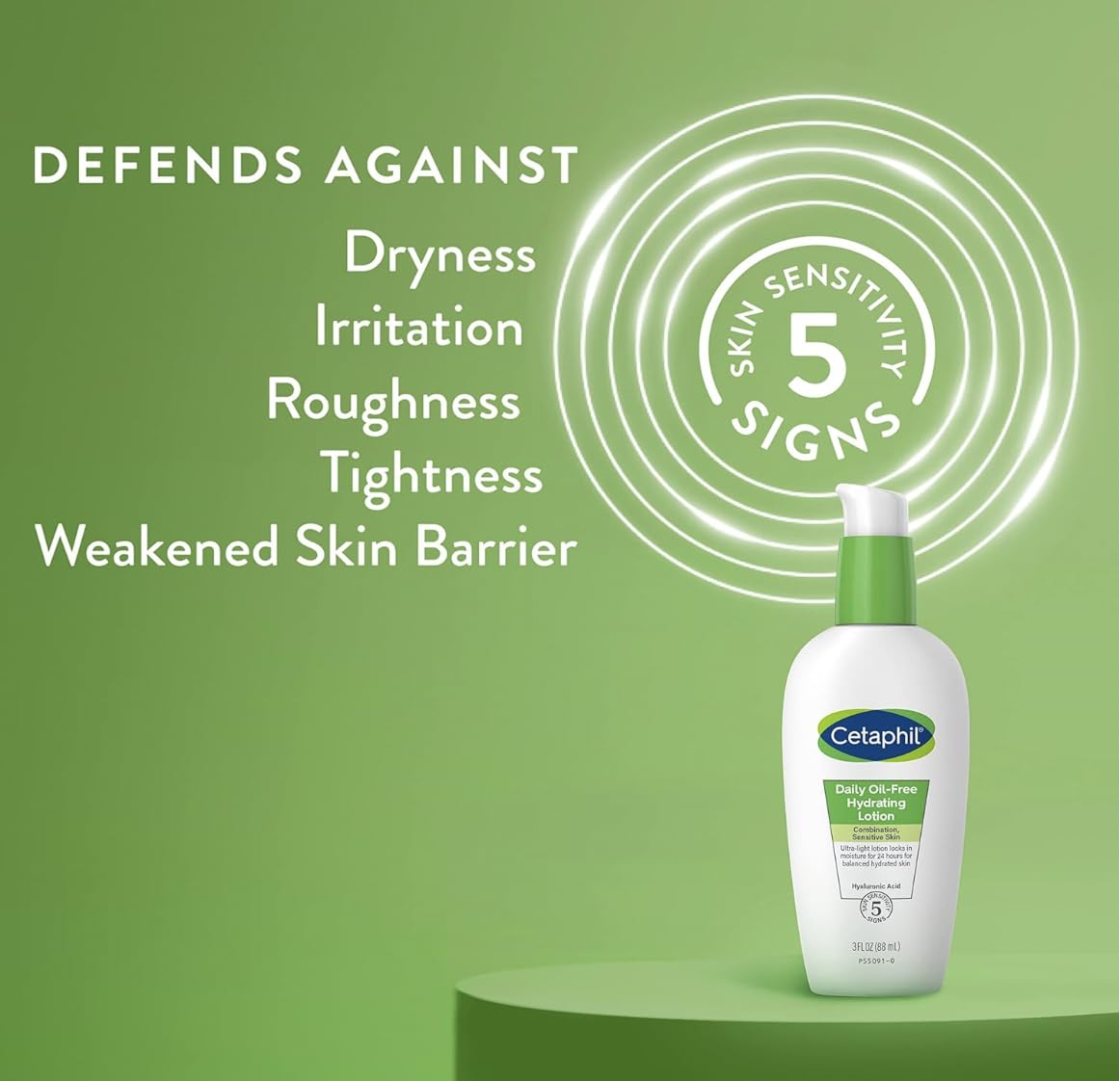 Cetaphil daily oil-free hydrating lotion on a green background with text about skin care benefits.