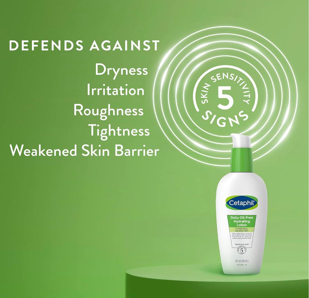 Cetaphil daily oil-free hydrating lotion on a green background with text about skin care benefits.